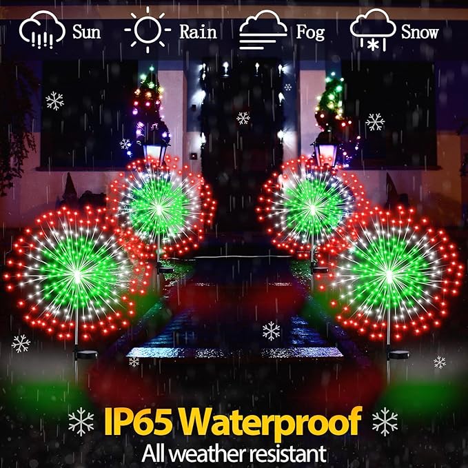 4 Pcs Christmas Solar Firework Stake Lights 180 LED 8 Modes Christmas Solar Lights Waterproof LED Sparkler Lights Outdoor Decoration for Xmas Holiday Garden Patio Yard Pathway Walkway