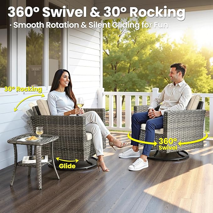 ovios 8 Pieces Patio Furniture Set with Swivel Chairs Rocking Gliders, Outdoor Sofa Couch with Solar Lights Table Comfy Cushions, Modern Deep Seat Wicker Rattan Conversation Set, Beige