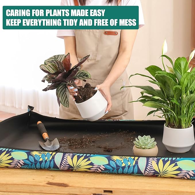 Oxford Houseplants Repotting Mat, Waterproof Indoor Plant Potting Tray, Foldable Bonsai Repotting Pad, Printed Soil Mess Workspace Cloth for Succulent, Cactus, Aloe Vers, 29.5 x 29.5