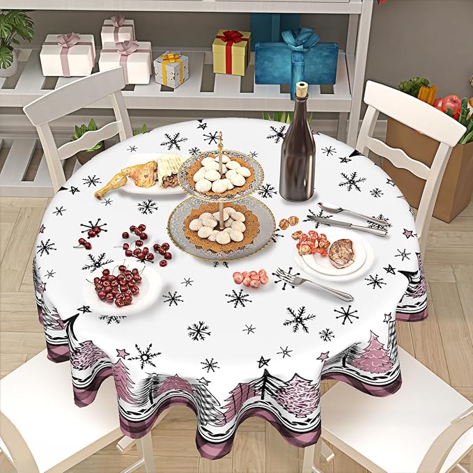 Giwawa Christmas Round Tablecloth 60 Inch,Snowflakes Pink Buffalo Plaid Xmas Pine Trees Farmhouse Washable Polyester Fabric Table Cover for Kitchen Winter Holiday Party Table Decor