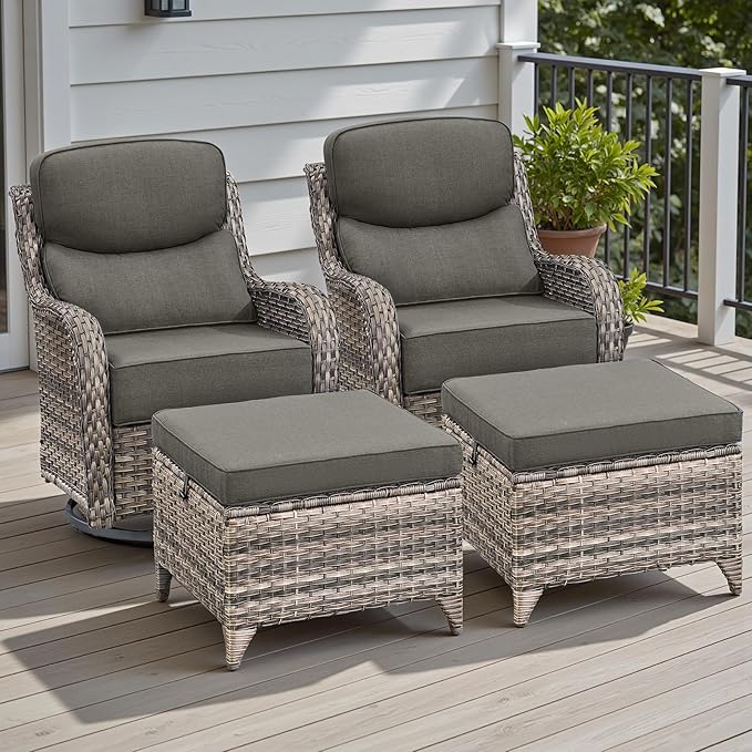 Wicker Outdoor Patio Furniture Set - 4 Piece Patio Conversation Set with Swivel Rocker Chairs and Ottomans, 6 inch Cushions, High Back, Deep Seating, for Porch Deck Garden Mixed Grey/Grey
