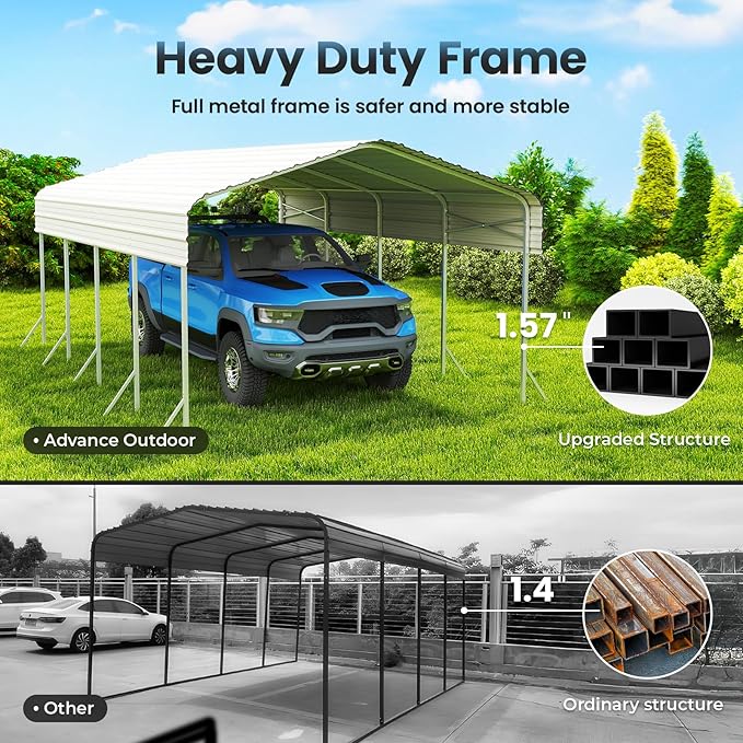 12x20' Heavy Duty Metal Carport – Sturdy Structure, All-Weather Protection, Easy Assembly for Cars, Trucks, Boats, Tractors, and Outdoor Storage (White, 12x20FT)