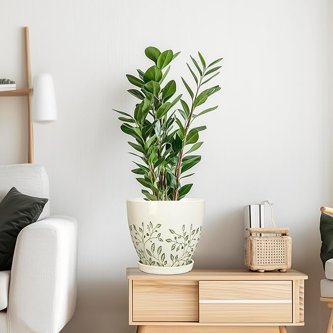 Ceramic Planter for Indoor Plants - 8.2 Inch Plant Pot with Drainage Hole and Saucer, Boho Round Planter for Indoor Outdoor Flowers, Plant Lover Gifts, Home Garden House Decor, White