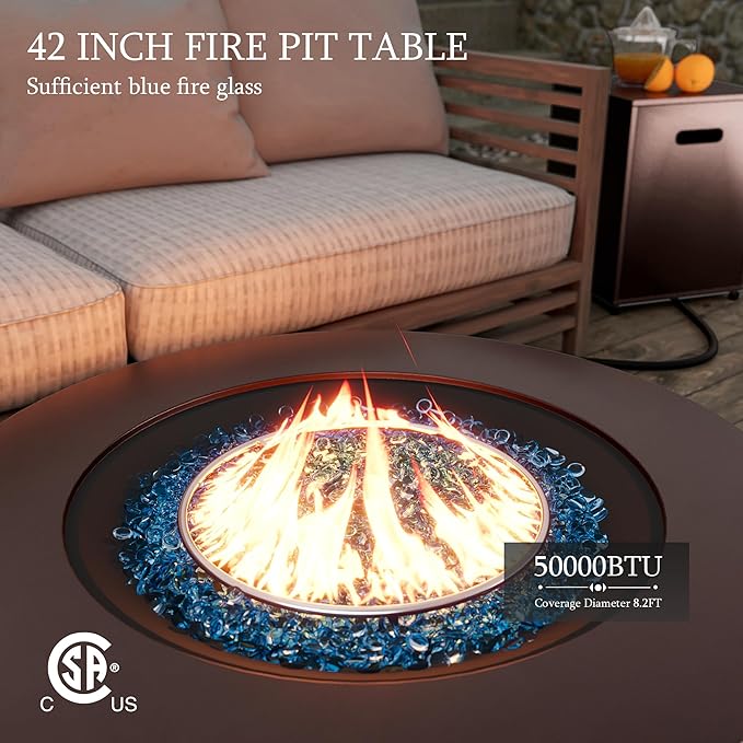 UPHA 42-inch Outdoor Propane Gas Fire Pit Table 50000 BTU Iron Round Firepit for Outside Patio with Tank Hidden Table, Removable Lid, Blue Glass Rocks, Rain Cover, Brown