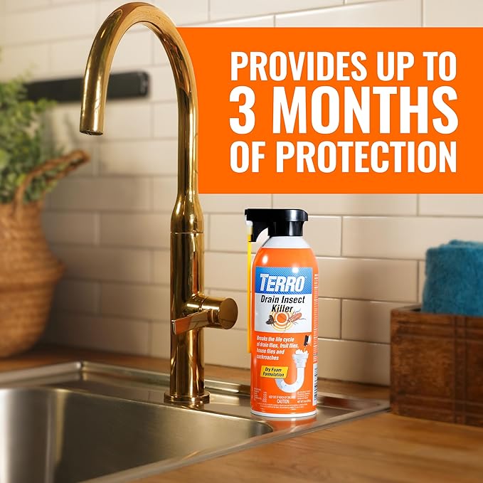 TERRO Drain Insect Killer - T590 Drain Fly Killer Spray - Foam Treatment for Fruit Flies, House Flies, and Cockroaches