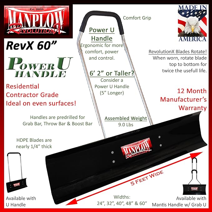 MANPLOW RevolutionX Snow Pushers and Shovels (Power U Handle, 60")