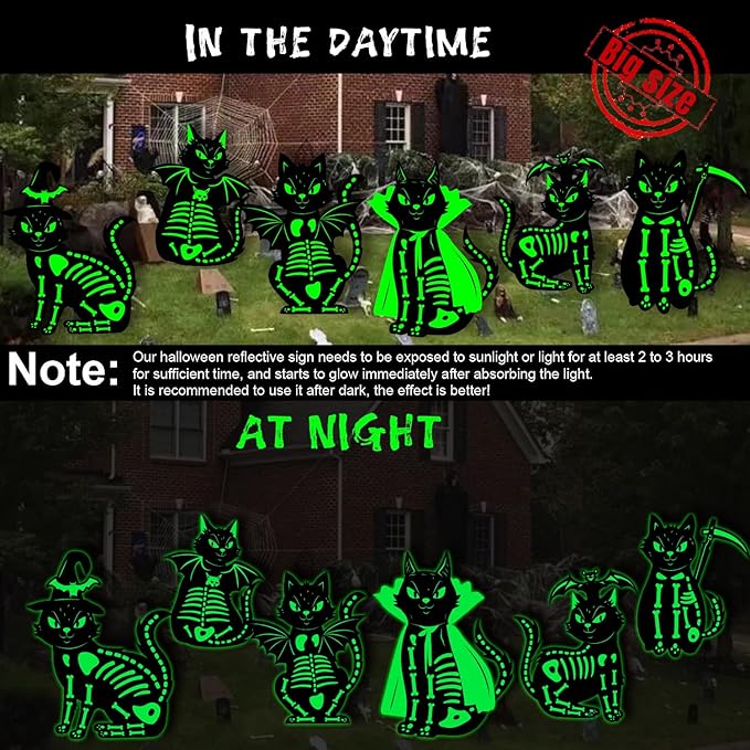 Outdoor Halloween Cat Decor, 6Pcs 16.5”×12.6” Glow in the Dark Black Cat Yard Stake, Waterproof Scary Porch Graveyard Decoration with Light-Up Effect, Suitable for Garden, Party and Home Decor