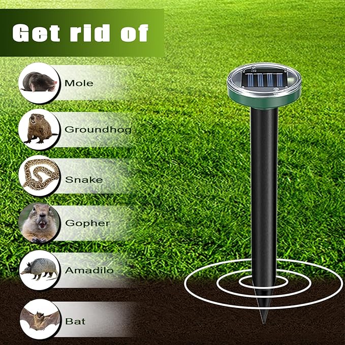 Mole Repellent Solar Powered 10 Pack Snake Repellent Ultrasonic, Groundhog Repeller,Gopher Repeller Sonic Mole Deterrent Spikes, Snake Gopher Mole Vole Repellent Outdoor for Lawn Garden & Yard