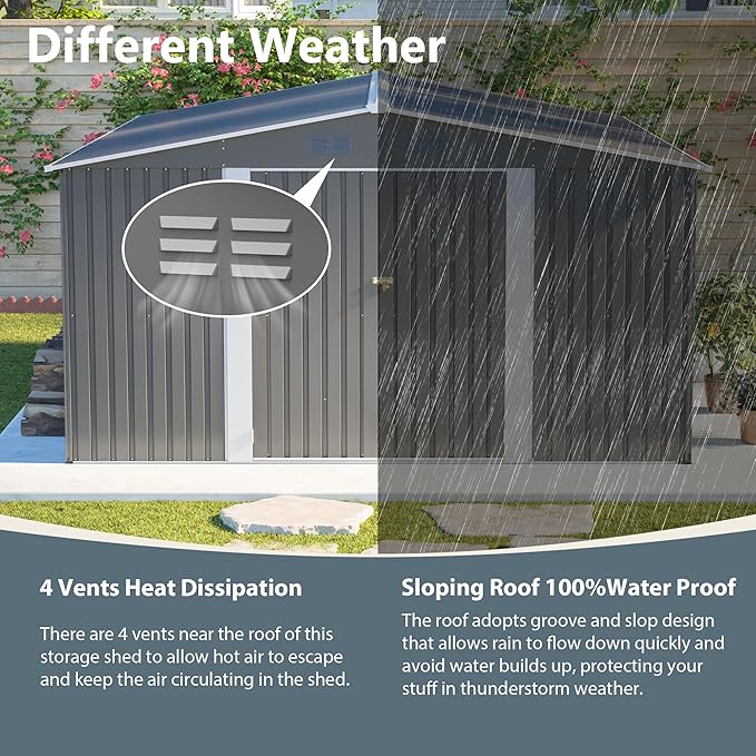 12x14FT Outdoor Storage Shed Metal Shed W/Floor Frame,Garden Tool House W/ 4 Air Vents,Lockable Double Doors & Sloped Roof,for Patio,Lawn,Backyard,Light Gray