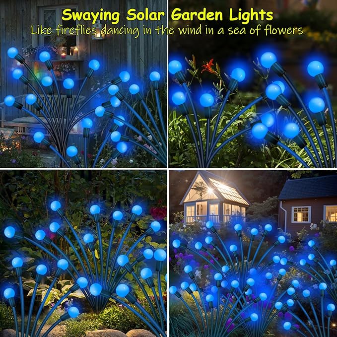Kohlrabi Solar Garden Lights Outdoor, 4 Pack 40 LED Solar Blue Firefly Lights Waterproof, Starburst Wind Swaying Light for Outside Yard Patio Planter Flower Bed Walkway Christmas Decoration