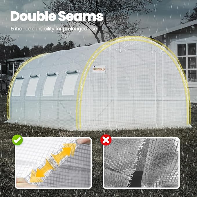 KING BIRD Premium 20x10x6.6FT Greenhouse for Outdoors, Large Walk-in Heavy Duty Galvanized Steel Frame, Mesh Door Screen Window Upgraded Zipper Tunnel Hoop for Garden Plant Winter, White