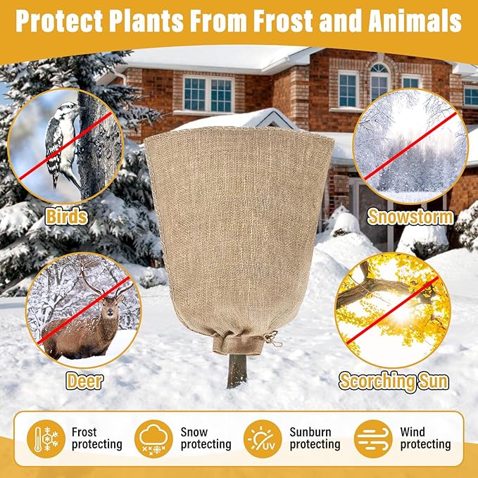 Riare 4 Packs 32 × 40 Inch Burlap Winter Plant Cover Bags with Drawstring- Reusable Large Burlap Sack Plant Frost Protector, Plant Frost Cloth Cold Tree Freeze Blanket for Outdoor Plants Fruit Shrubs