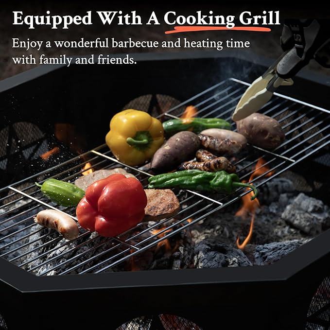 Verdelxue 35 Inch Octagonal Fire Pit with Cooking Grill,Outdoor Wood Burning Fire Pit for Camping Outside Picnic Bonfire,Heavy Duty Firepit for Backyard Garden Patio