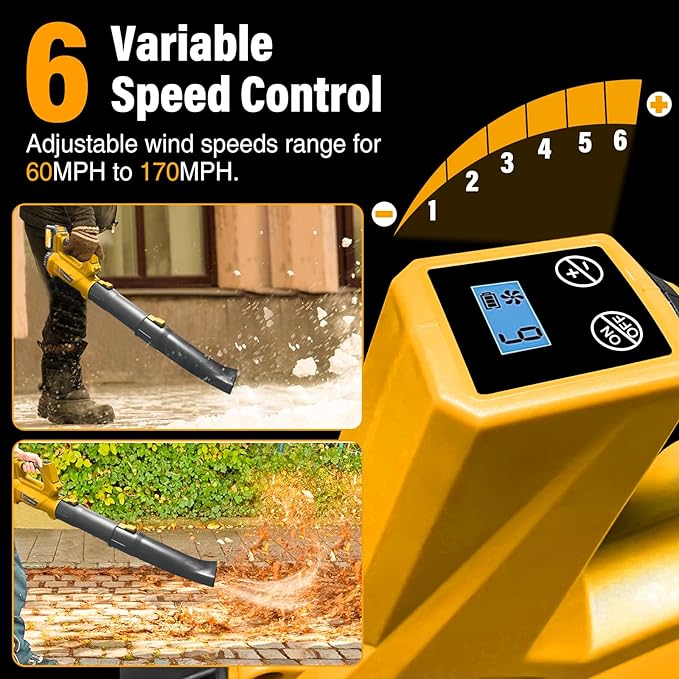 Cordless Leaf Blower with Battery and Charger，540 CFM/170 MPH,Battery Powered with 2 x 6.0Ah Batteries,6-Speed & Turbo Mode,Lightweight for Lawn Care,Patio,Leaves,Dust,and Snow Removal,Yellow