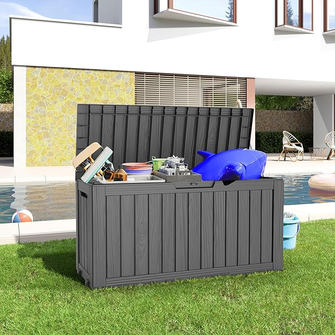 75 Gallon Large Deck Box,Resin Outdoor Storage Box with Lockable for Patio Furniture, Pool Accessories, Garden Tools Waterproof Outside Storage Box, Black