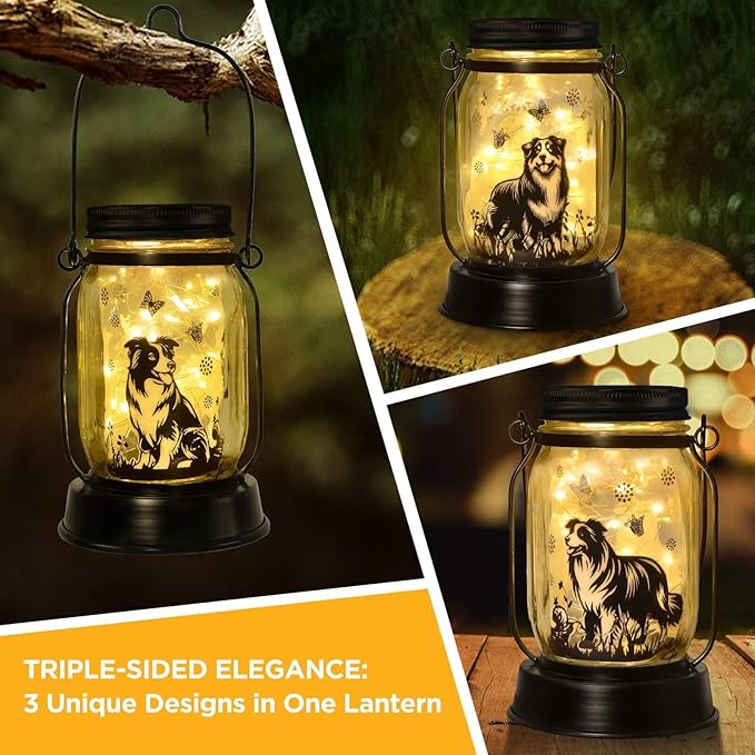 Border Collie Gifts for Women/Men Border Collie Solar Lanterns Dog Mom Birthday, Dog Lovers Lantern, Pet Loss Pet Memorial Lights, Solar Garden Decoration Outside for Yard, Patio,Backyard,Porch