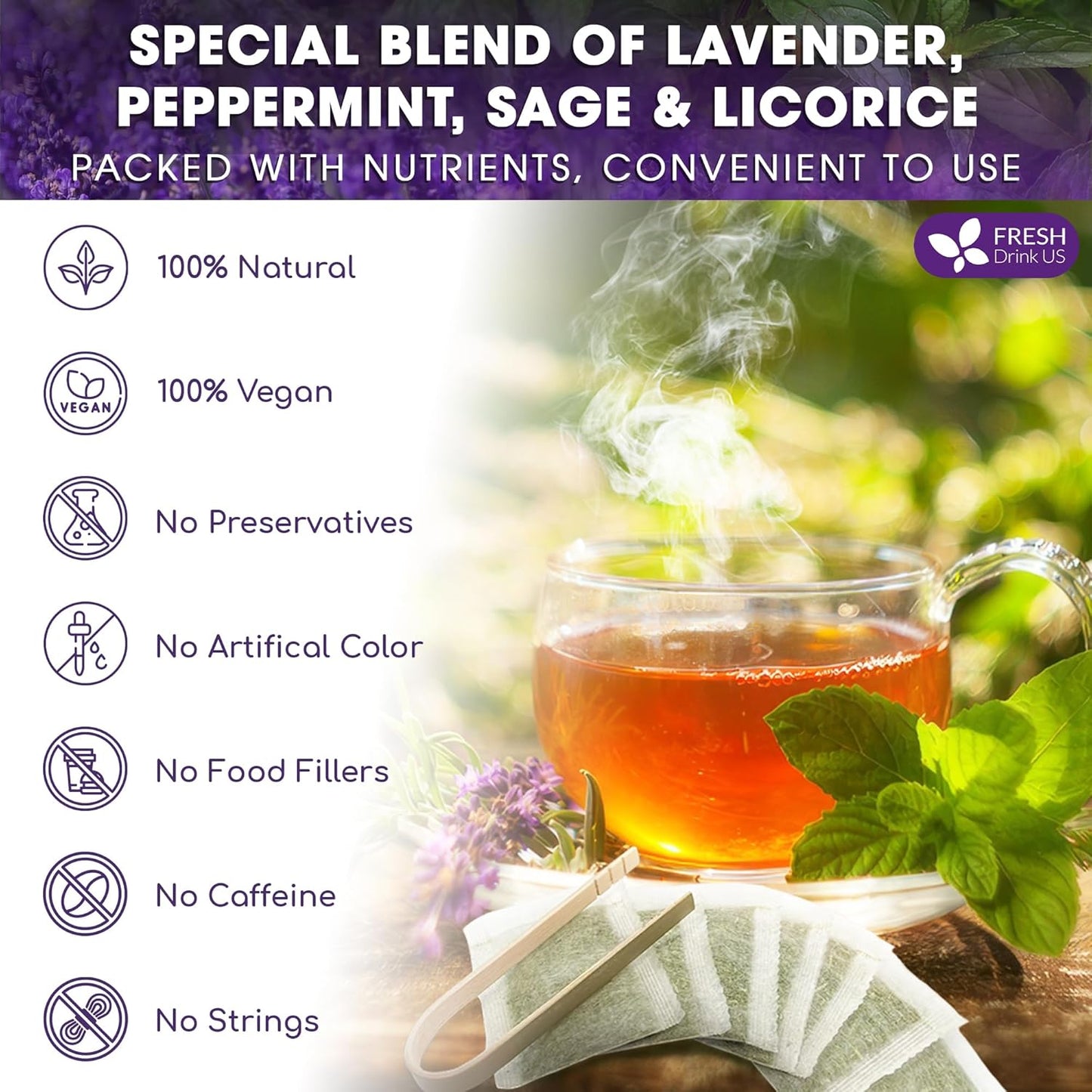 FreshDrinkUS, Premium 55 Tea Bags Lavender Mint Tea, 100% Natural, Blend of Lavender, Peppermint, Sage and Licorice. Made with Natural Material Tea Bags. No Sugar, No Caffeine, Vegan.