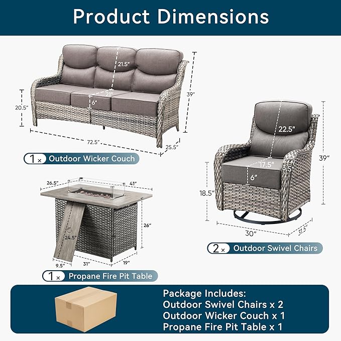 Luxury High Back Outdoor Furniture 6-Inch Thick Cushions with 50,000 BTU Gas Propane Fire Pit Tablet, Patio Furniture Set with Swivel Chairs, for Porch, Balcony, Deck and Yard