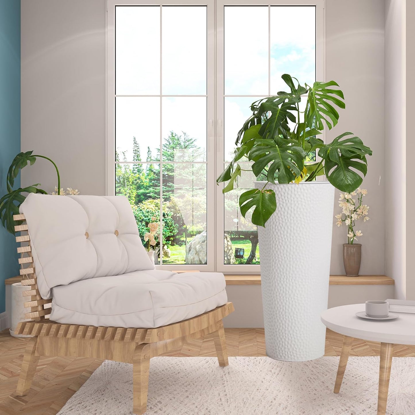 Worth Garden 2-Pack 25" H. Metal Planter with 2X Inside Pots - Hand-Hammered Texture Tall Tapered Plant Pots - Large Handcrafted Flower Pot for Indoor Outdoor, Deck, Patio, Front Porch (White)