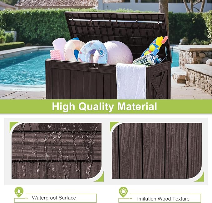 Greesum 120 Gallon Deck Box, Resin Outdoor Storage Container for Patio Furniture, Garden Tools, Pool Accessories, Weatherproof, Lockable, Brown