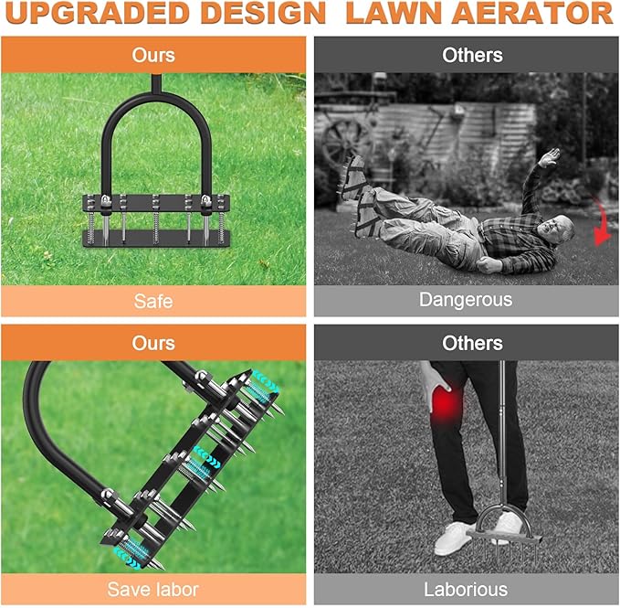 GAINO Lawn Aerator & Aerator Lawn Tool - Manual Yard Aerator for Lawn with 15 Spikes, Automatic Dirt and Leaf Clean Design, Adjustable T-Handle, Pre-Assembled Lawn Aerator Tools (Black + Orange)