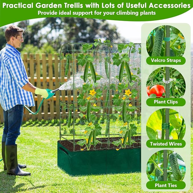 Cucumber Trellis for Climbing Plants with Grow Bag, 61" Tall Metal U-Frame Garden Trellis for Raised Bed with Garden Netting and Plant Clip Plant Ties for Vegetables, Squash, Pea, Grape