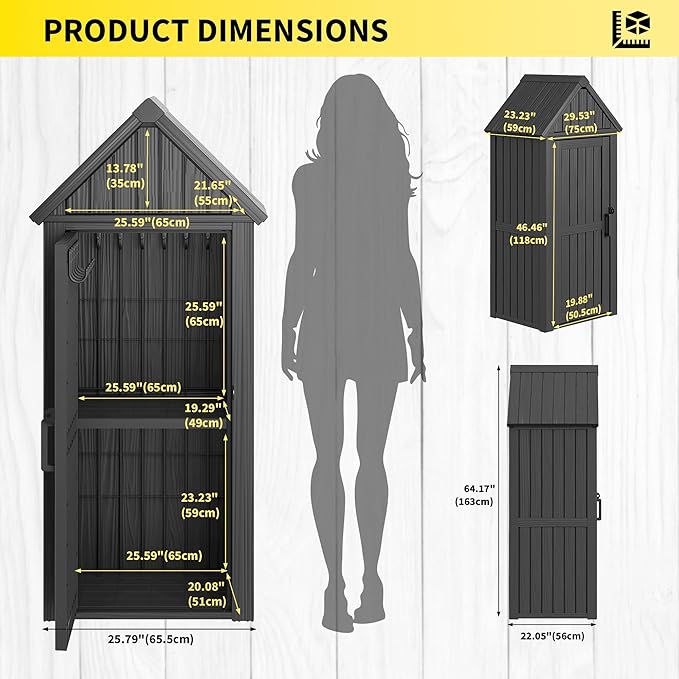 Outdoor Resin Storage Shed, Upgrade Durable Storage Cabinet with Removable Shelves and Lock Ring, Reinforced Floor, All-Weather Construction for Garden Patio Lawn (Black)