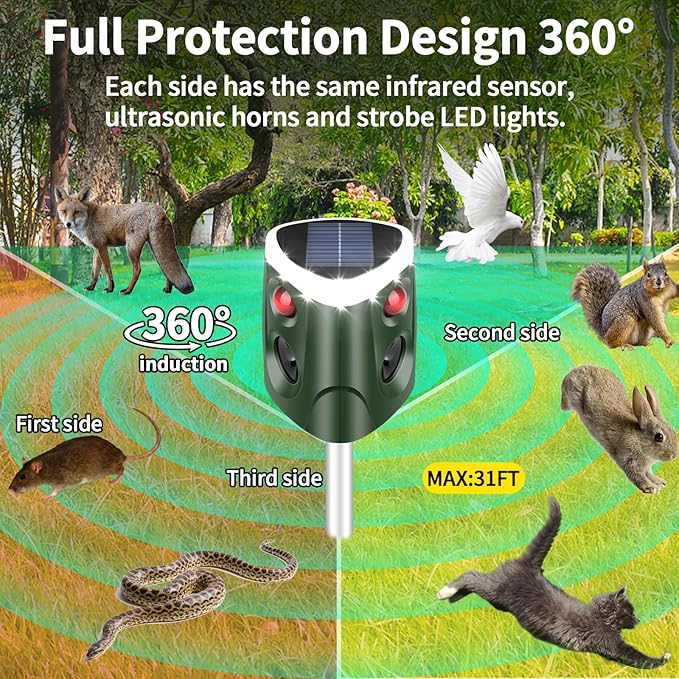 Solar Ultrasonic Animal Repeller, 360° Cat Repellent Outdoor Deer Deterrent Device with 3-Side Motion Activated Flashing Lights,Solar Powered Dog Repellent for Cat Dogs Bird Skunk Rabbit Squirrels