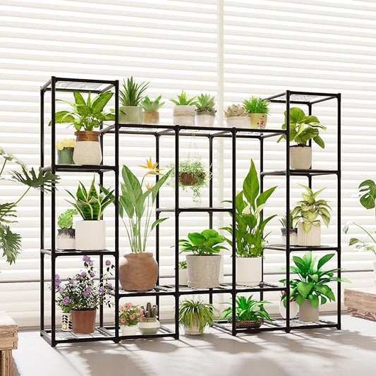 Large Plant Stand Indoor Outdoor Metal Plant Shelf Waterproof Plant Rack for Multiple Plants Wide Flower Stand for Patio Balcony Garden Black