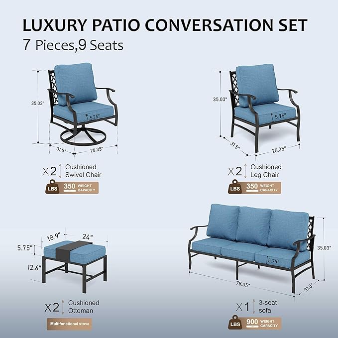 HERA'S HOUSE 7 Piece Patio Furniture Set, 2 x Swivel Chair, 2 x Leg Chair, 2 x Ottoman, 1 x 3-Seat Sofa, All Cushioned 9 Seats Metal Outdoor Conversation Set for Lawn Garden Backyard