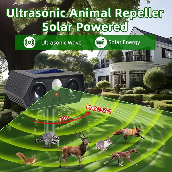 4Pack Solar Ultrasonic Animal Repellent Outdoor Solar Deer Deterrent Devices with PIR Motion Sensor, Ultrasonic Cat Repellent to Scare Squirre Dog Rabbit Raccoon Skunk Armadillos for Yard Lawn