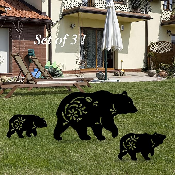 Outdoor Bear Garden Decor,Set of 3 Silhouette Metal Bear Statue Outdoor,Bear Garden Stakes for Outside (Bear Black)