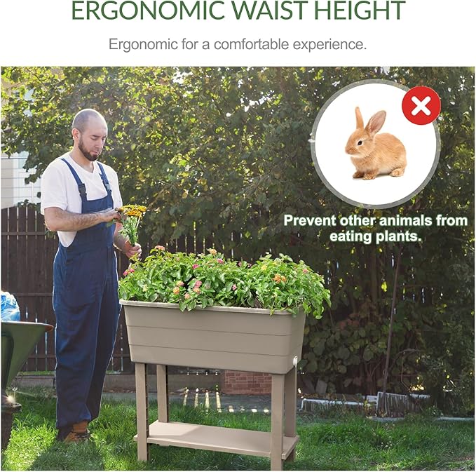 Aoodor 30" x 14" x 29" Raised Planter Box with Legs, Storage Shelf, Drainage Plug, and Water Level Indicator, for Vegetables, Flowers, Herbs, Outdoor Use, Set of 3, Khaki