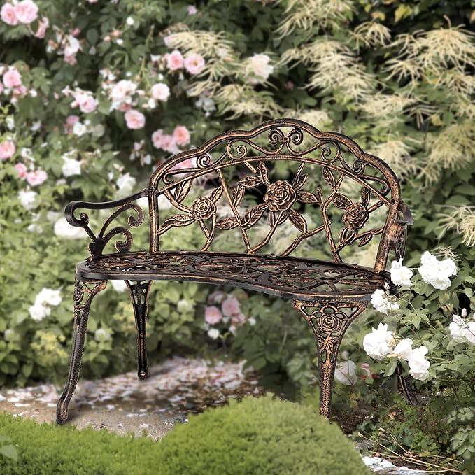 VINGLI 38.5" Patio Park Garden Outdoor Metal Rose Bench,Cast Iron Cast Aluminium Frame Antique Finish Chair,Accented Lawn Front Porch Path Yard Decor Deck Furniture for 2 Person Seat（Bronze