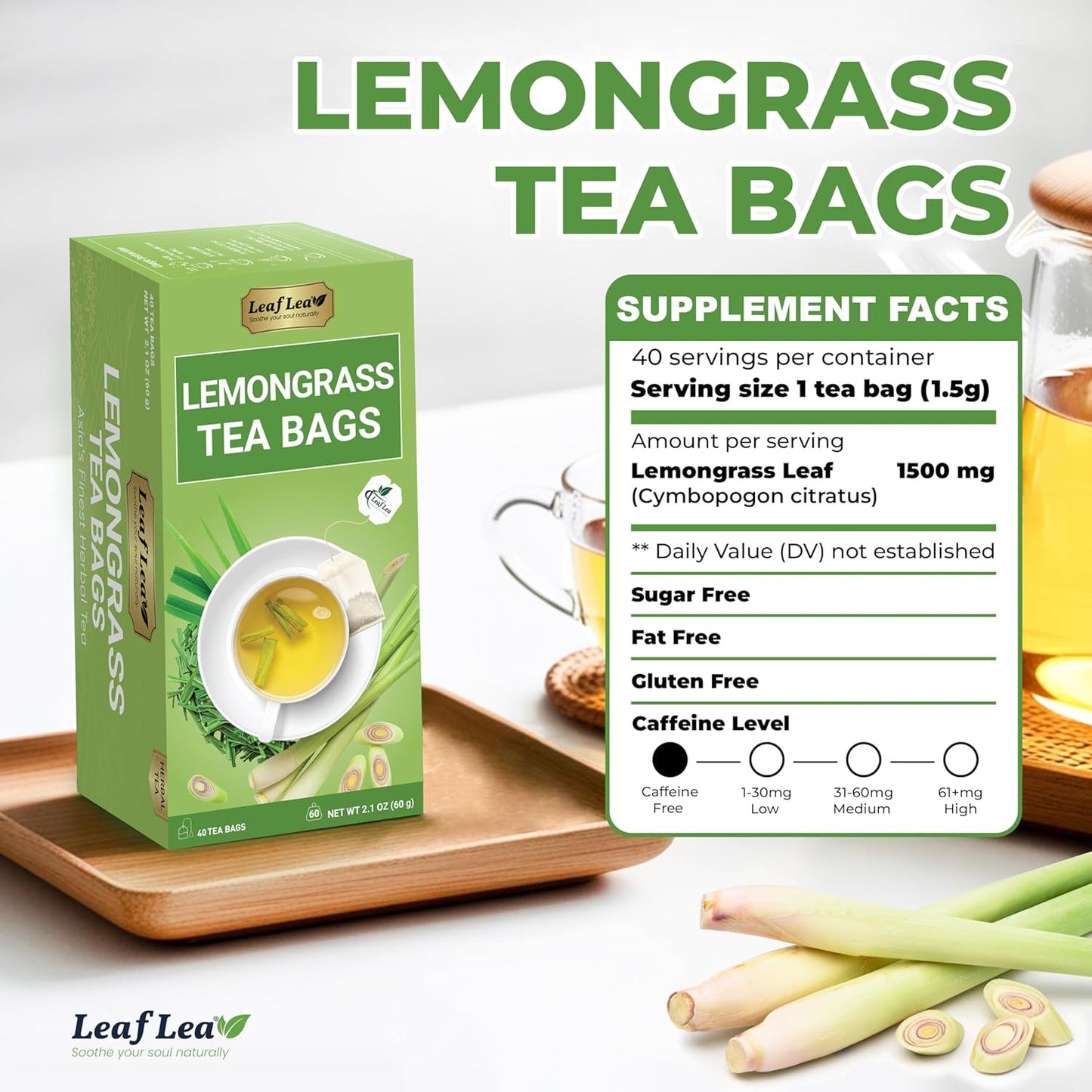 LeafLea 80 Premium Lemongrass Tea Bags, Natural Herbal Lemongrass Leaves, Te de Limoncillo for Digestion Support, Light & Soothing Taste, Caffeine-Free, Sugar-Free, Vegan, Individually Wrapped
