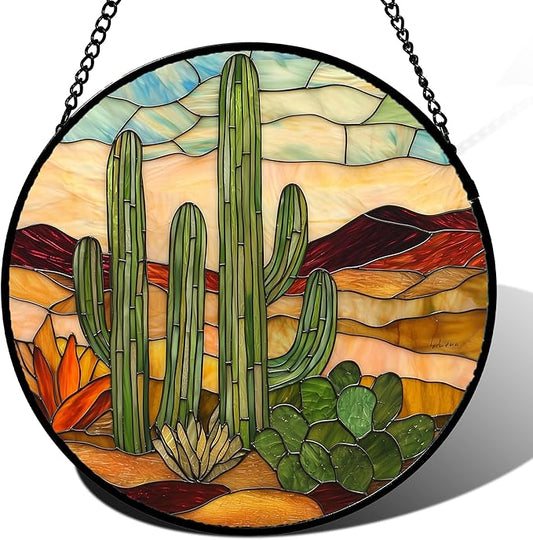 Stained Glass Window Hanging, Green Cactus Sun Catcher for Door Terrace Garden Home Decor, Abstract Desert Landscape Suncatcher Birthday Gifts for Lovers Women Men Dad Mom Nana 7.8 in