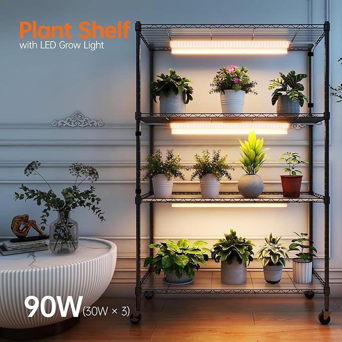 Plant Shelf with Grow Lights, 4-Tier Grow Light Shelf with 30W T5 Full Spectrum Grow Lights, Plant Stand with Grow Light for Indoor Plants, Seed Starting, Seedlings(35.4" L x 13.8" W x 59" H)