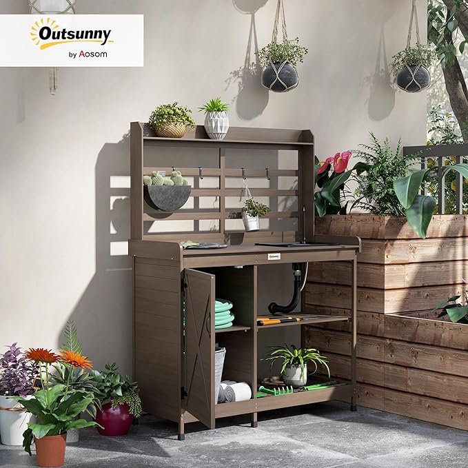 Outsunny Outdoor Wooden Potting Bench Table with Sink and Water Tap, Garden Workstation with Storage Cabinet, Storage Shelves for Backyard, Patio, Balcony, Dark Brown