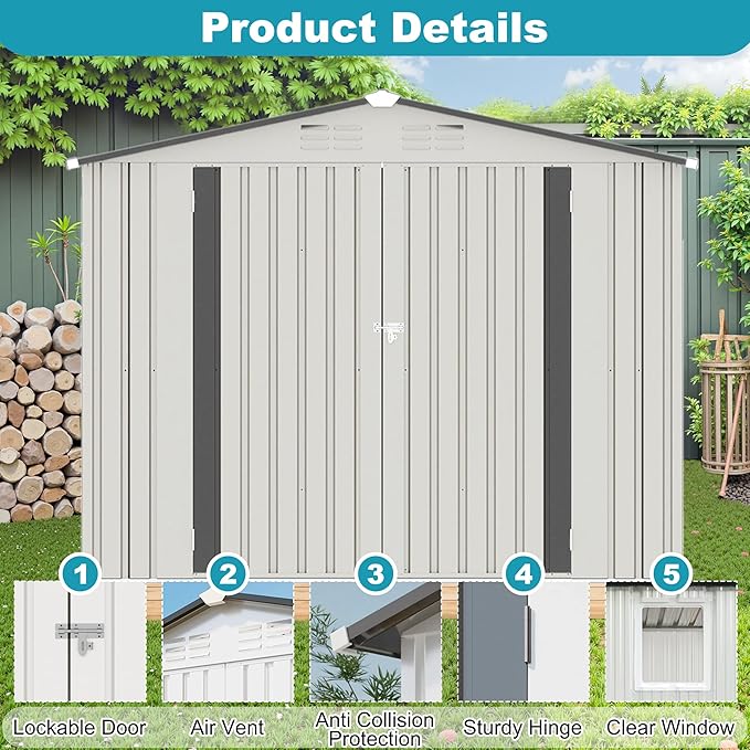8x6 FT Outdoor Metal Storage Shed, Tool Shed with Peaked Roof and Lockable Door, Compact Garden Shed with Clear Window for Backyard Garden Patio Lawn, White+Gray