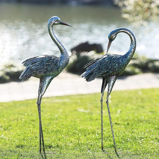 Kircust Garden Crane Statue for Outdoor, Blue Heron Decoy Garden Sculptures and Statues, Metal Bird Yard Art for Lawn Patio Decor, Set of 2