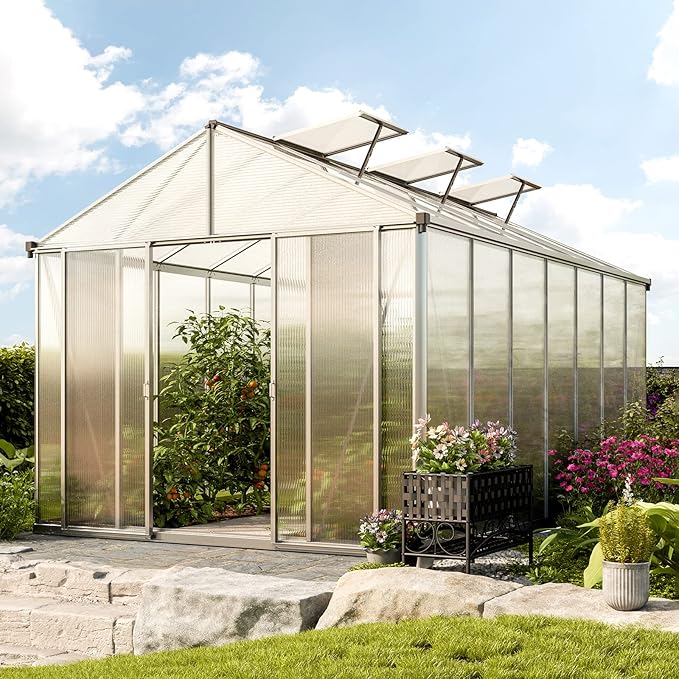 Greenhouse Rubin 7 Aluminum Frame 8.6 x 14.6 ft with Approx. 10 mm Polycarbonate Panels - with 2 Extra Skylights and 2 Automatic Window Openers