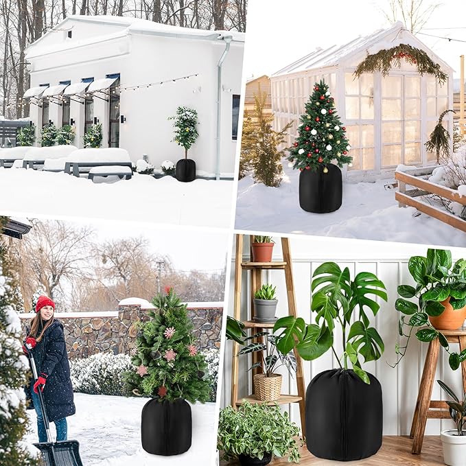 2 Pcs Plant Pot Covers Freeze Protection for Winter - Potted Plant Winter Protection Frost Jacket with Zipper Drawstring to Keep Outdoor Plants Flowers Shrubs Trees Warm (17.7"D x 19.7"H - Black)
