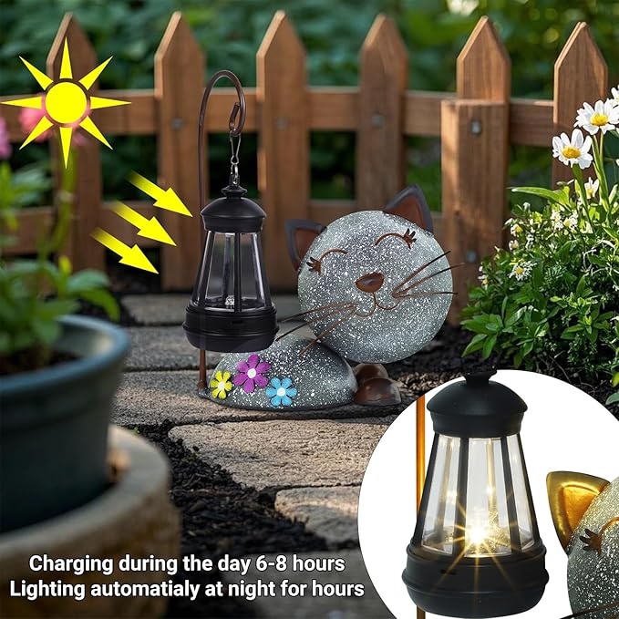 Glintoper Solar Garden Statue Cat Figurine with Lantern, Outdoor Metal Kitten Whimsical Lawn Porch Yard Art, Mothers Day Ideal Gifts, Lighted Ornaments for Patio Pathway Yard Decoration