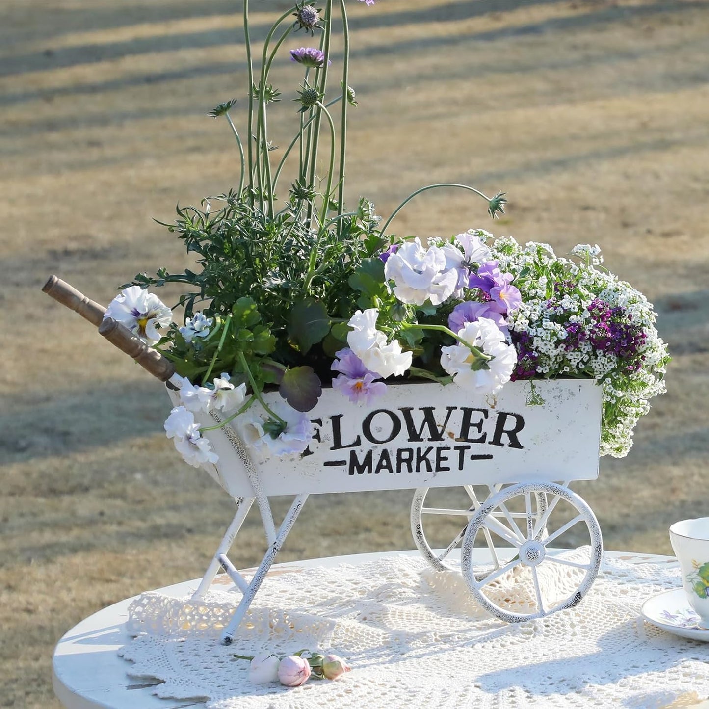 15 Inch Farmhouse Small Flower Cart with Wooden Handles Metal Wagon Planters for Outdoor Plants Decorative Wheelbarrow Plant Cart for Patio Garden Balcony White