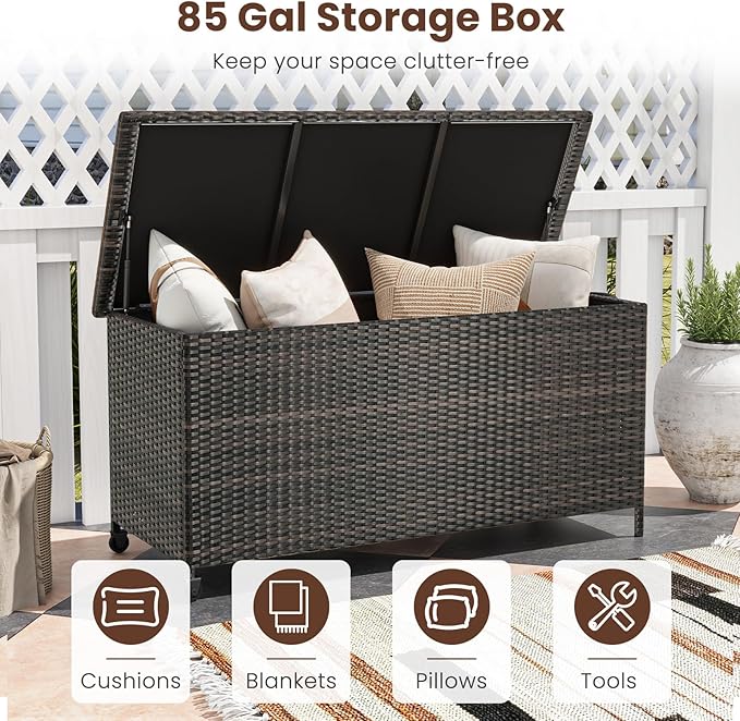 Tangkula Rattan Deck Box, 85 Gallon Storage Container with Waterproof Liner, Wheels & Gas Strut, Indoor Outdoor Wicker Storage Cabinet, Storage Furniture for Pillows, Cushions (Brown)