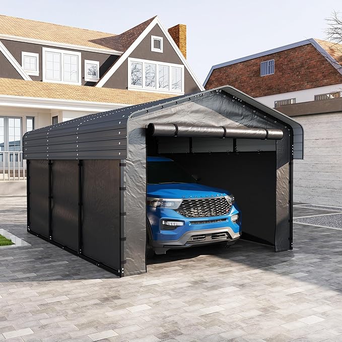 10x15FT Metal Carport Kits with Galvanized Steel Roof, Heavy Duty Metal Frame Carports Canopy with Removable Sidewalls, Garage Car Tent Shelter for Tractors, Boat, Car, Gray