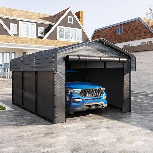 10x15FT Metal Carport Kits with Galvanized Steel Roof, Heavy Duty Metal Frame Carports Canopy with Removable Sidewalls, Garage Car Tent Shelter for Tractors, Boat, Car, Gray