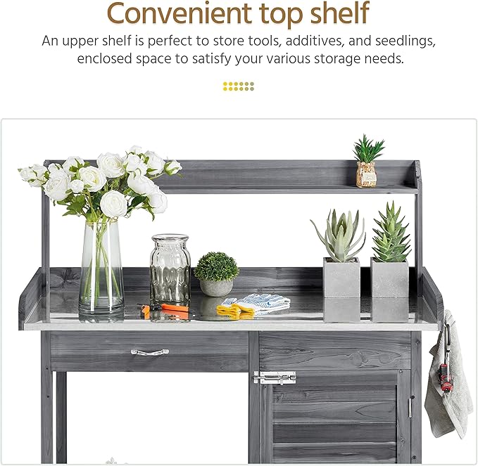 Yaheetech Outdoor Potting Bench Table, Garden Workstation w/Metal Tabletop/Cabinet Drawer/Open Top/Lower Shelf/Handy Hooks for Horticulture,Gray