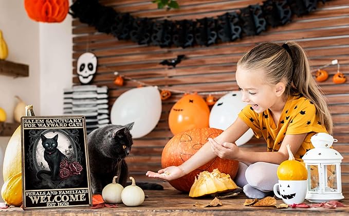 Vintage Halloween Decorations Indoor Black Cat Wall Art Witchy Room Decor Home Bedroom Halloween Decor Black Cat Signs 8x12 Inch