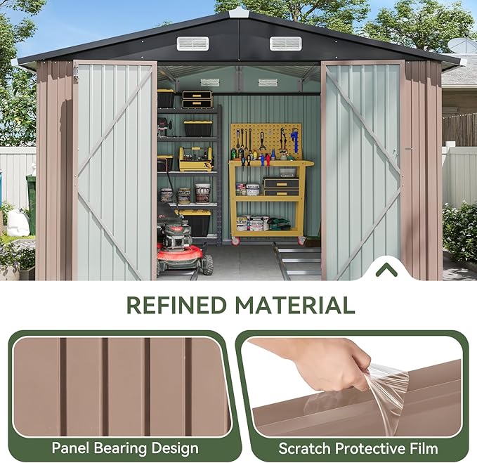 Aoxun 10 x 12FT Outdoor Storage Shed with Base Utility Garden Shed with Lockable Door & Sloped Roof Metal Sheds Outdoor Storage for Garden, Backyard, Patio and Backyard,（Brown/Base Included）